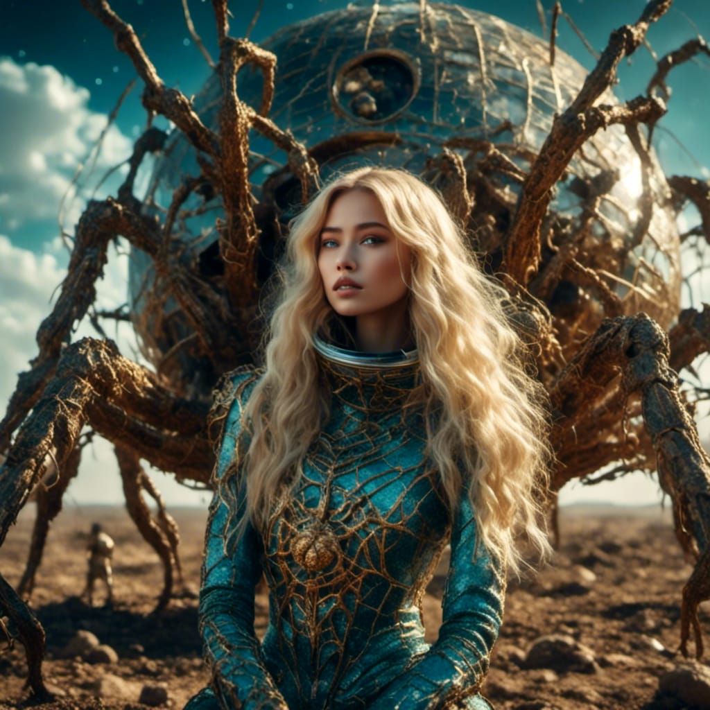 Blonde Woman and Giant Spider on the Moon