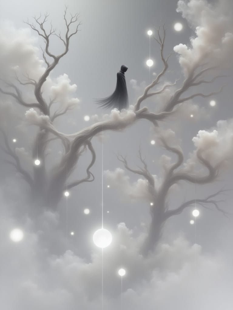 Enigmatic Figure in Dark Forest: Surrealist Art