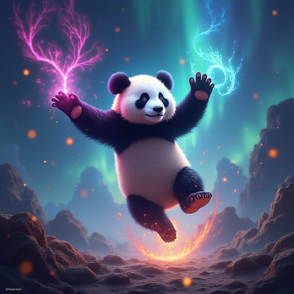 Luminescent Panda Dancing in Astral Aurora Landscape