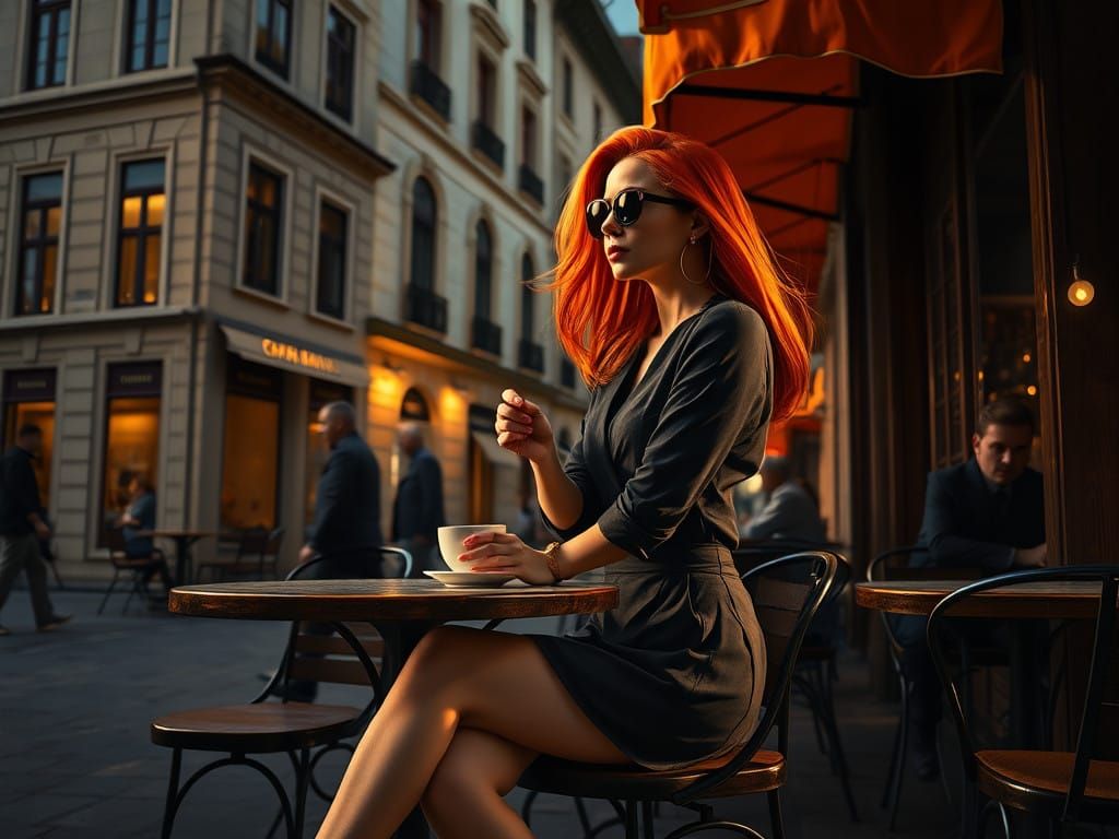 A Fashionable Woman in a Golden Twilight Café