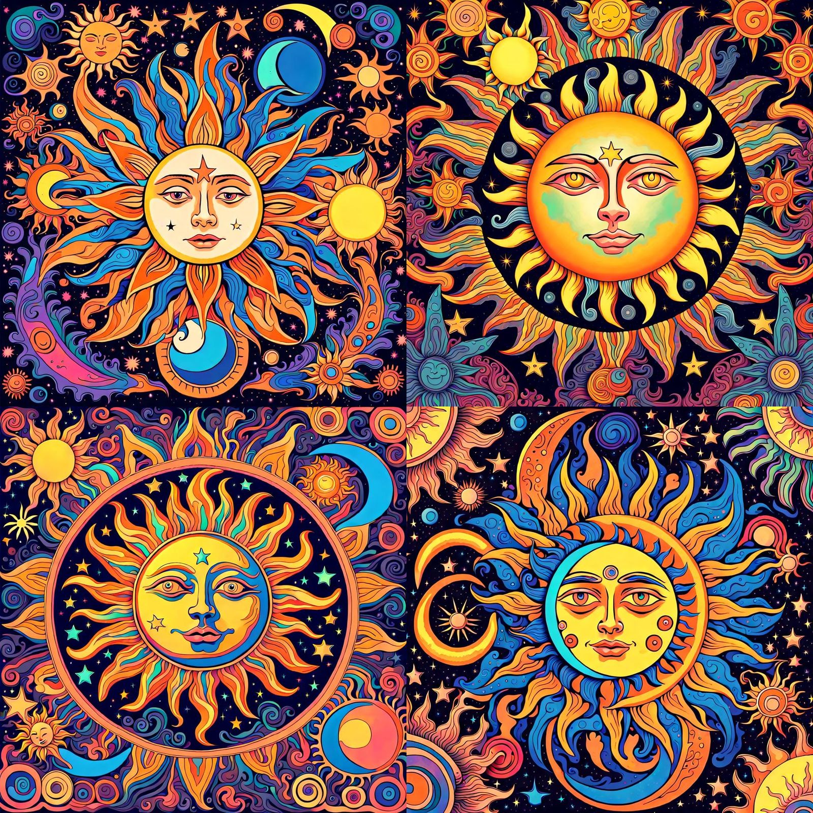 Psychedelic Sun, Moon, and Stars Illustration