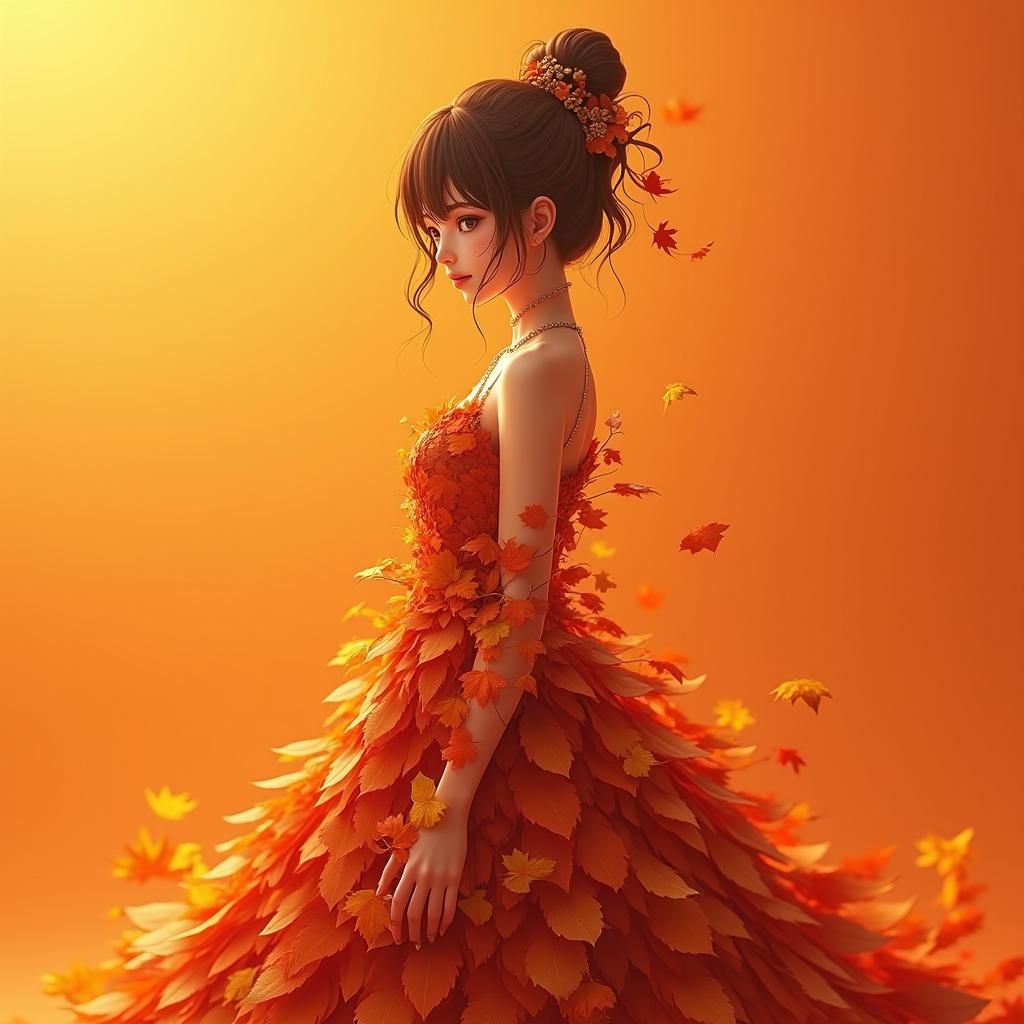 Girl in Autumn Leaf Dress: Hyper-Realistic 3D Anime