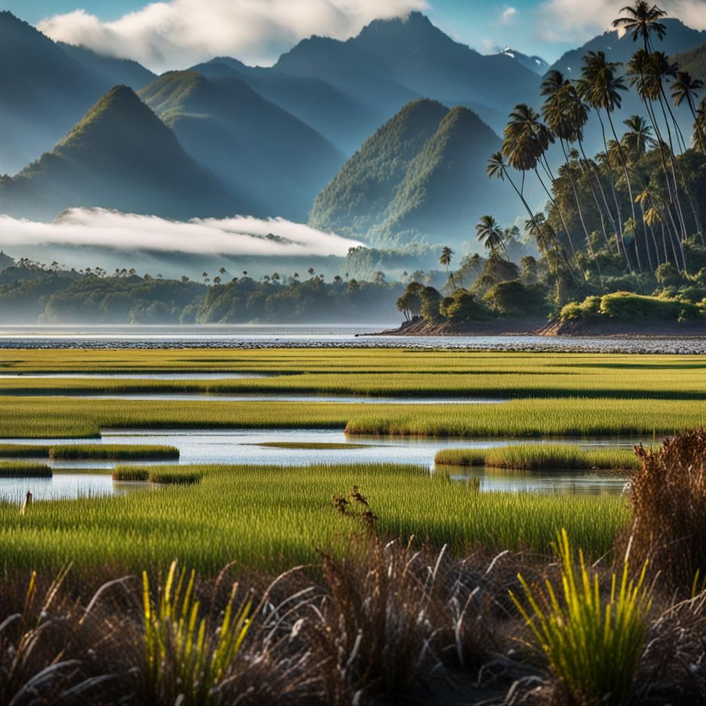 Ocean Coast Marsh with Jungle and Mountains