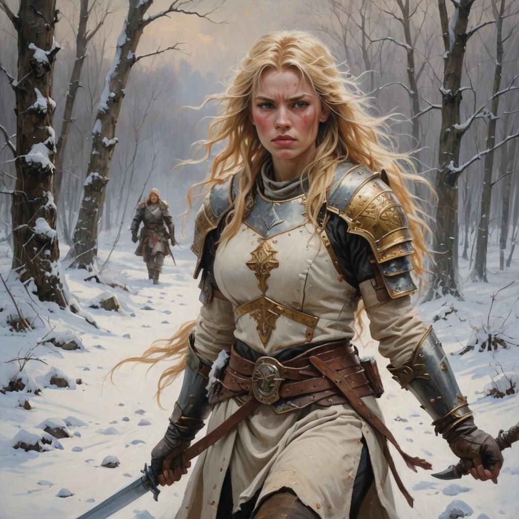 Blonde Warrior in Snow, Oil Painting Style