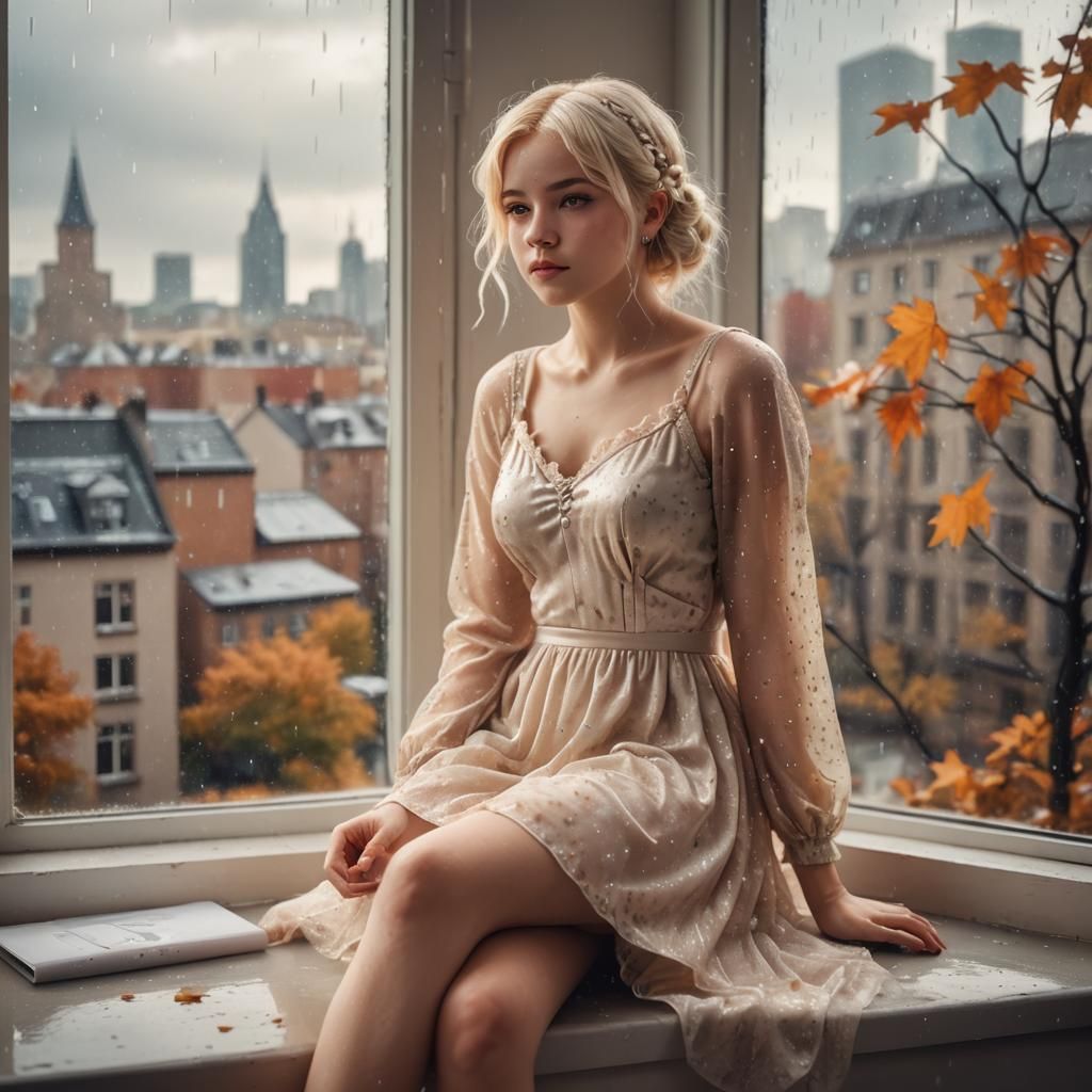 Boy in Dress on Rainy Day, Vintage Art Style