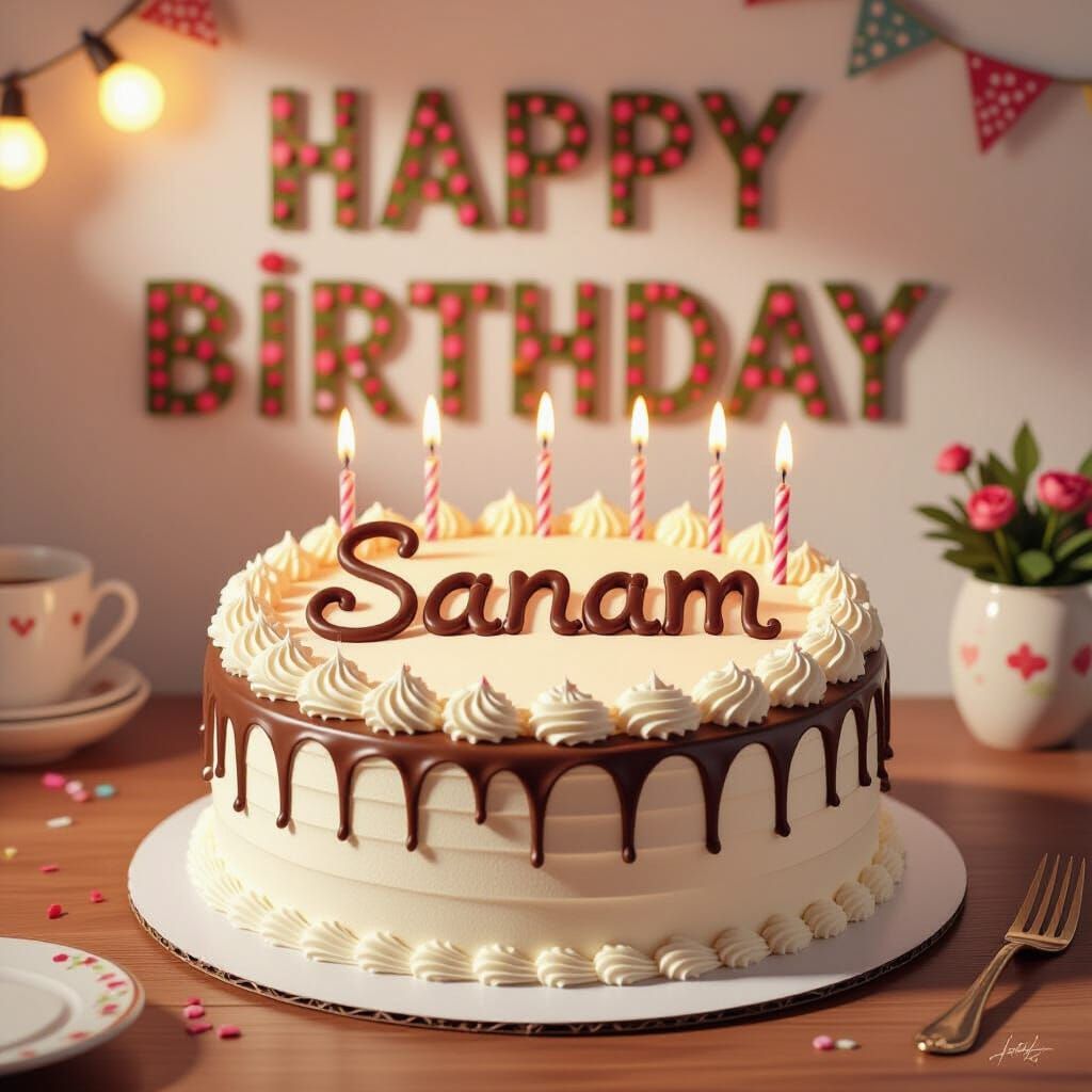 Birthday Cake With Name Sanam And Happy Birthday Wall