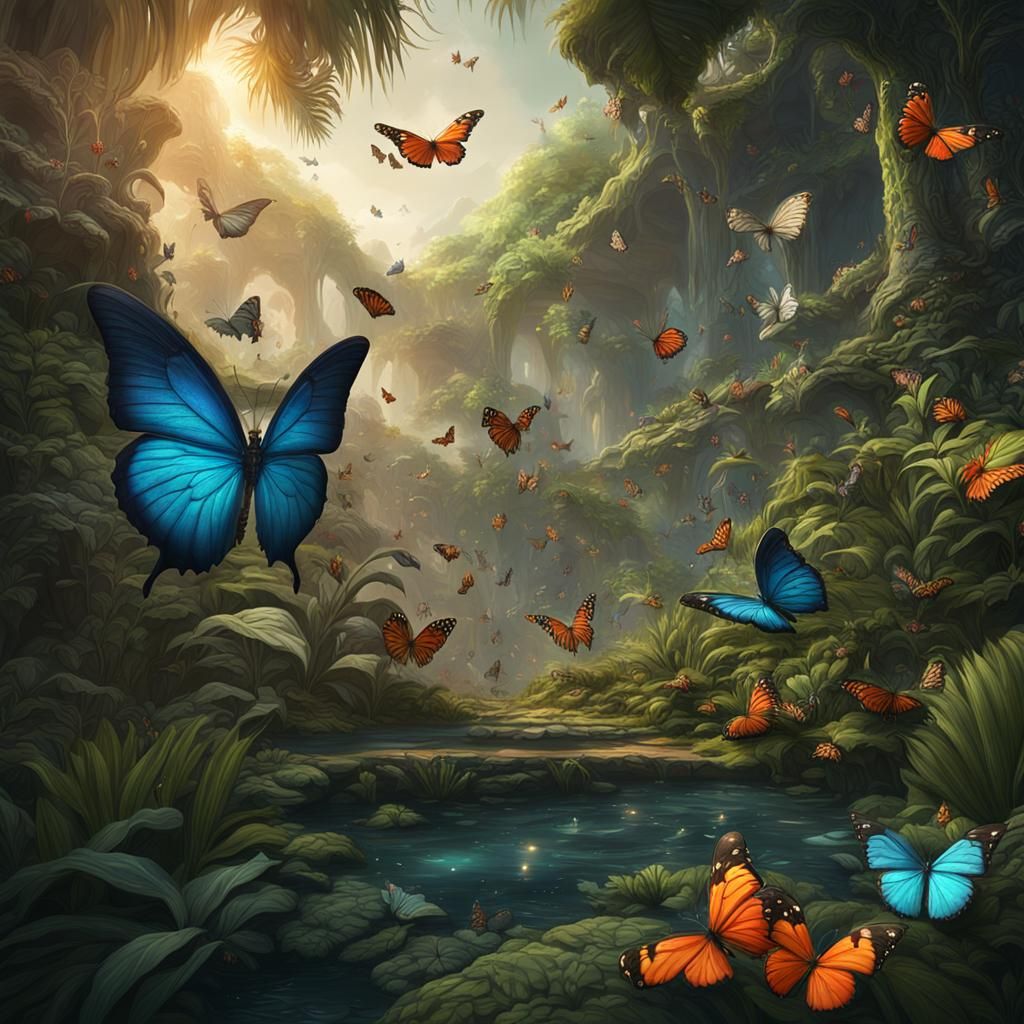 Tropical Nature with Butterflies: Detailed Matte Painting