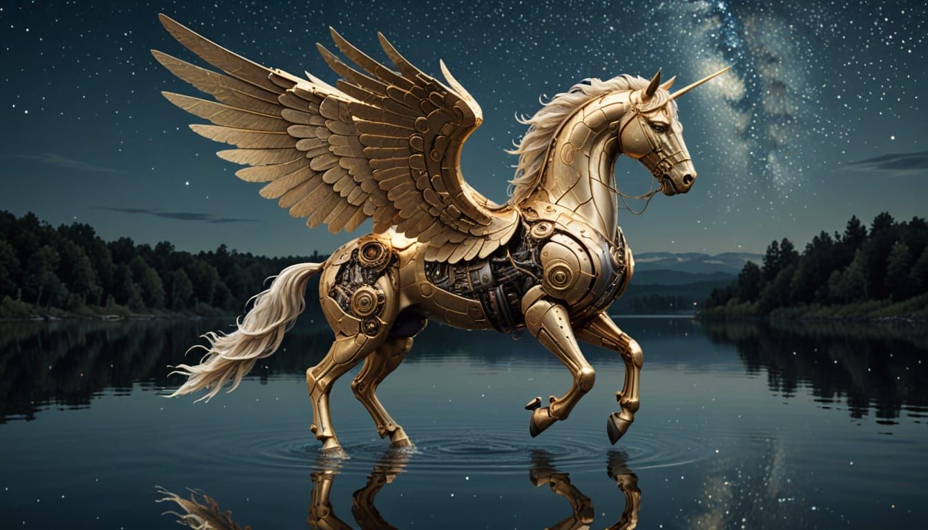 Cybernetic Pegasus by Calm Lake Under Starry Sky