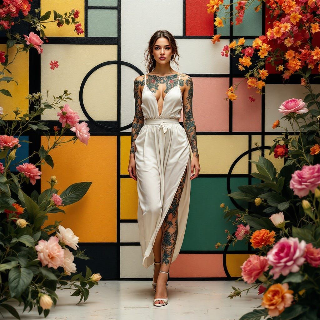 Confident Woman in Bloom and Geometric Harmony