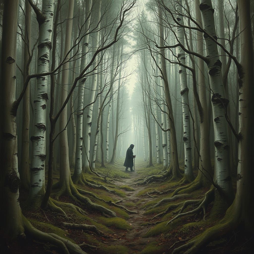 Surreal Birch Men Forest Scene in Dark Fantasy Style