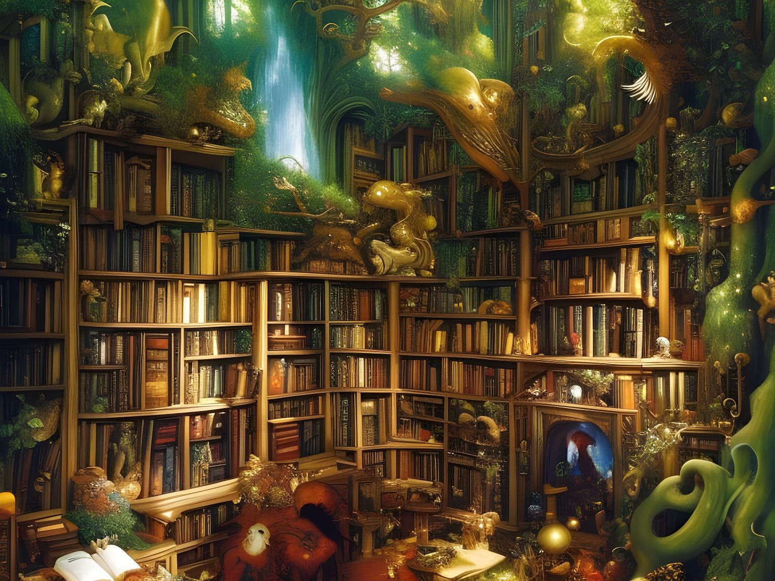 Magical Forest Library in Hyperdetailed Style