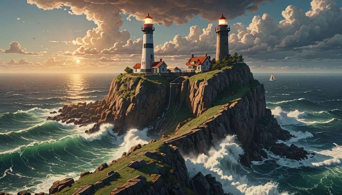 Pixel Art Lighthouse Guiding Ships at Sea