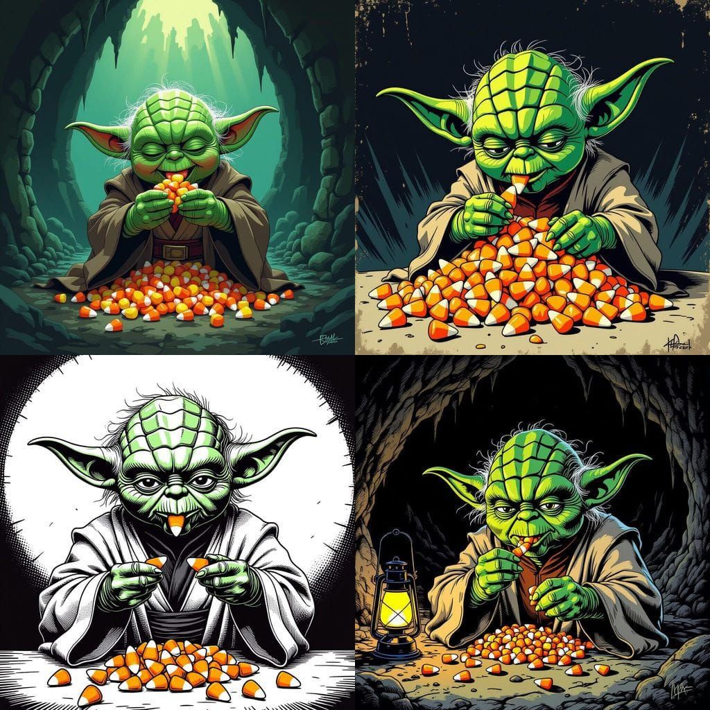 Yoda Enjoys Candy Corn in Retro Comic Art Style