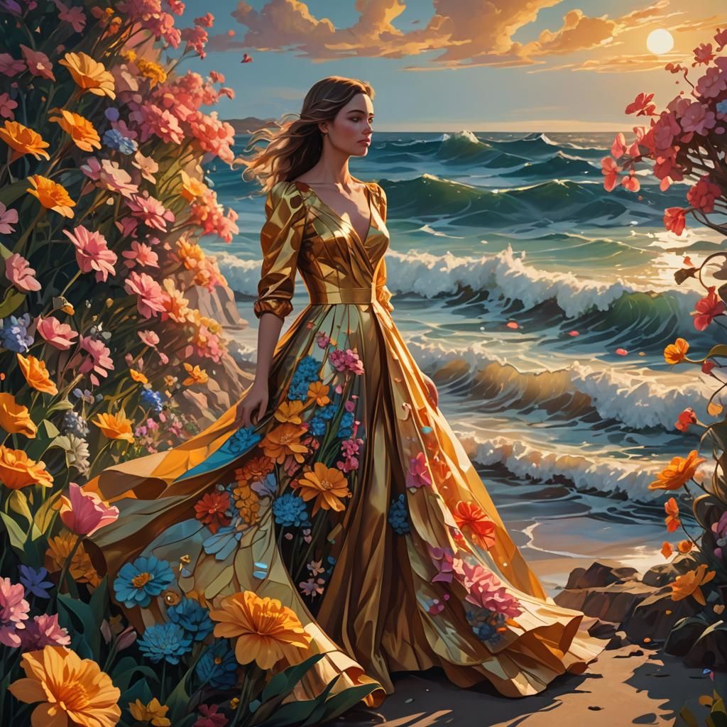 Woman in Rare Dress by the Sea, Oil Painting