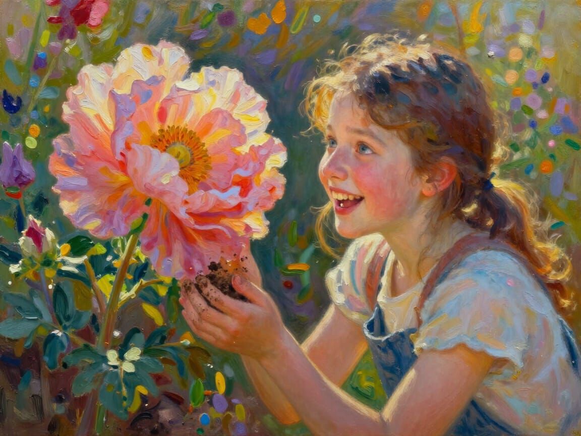Girl's Joyful Surprise at Giant Flower in Golden Hour Light