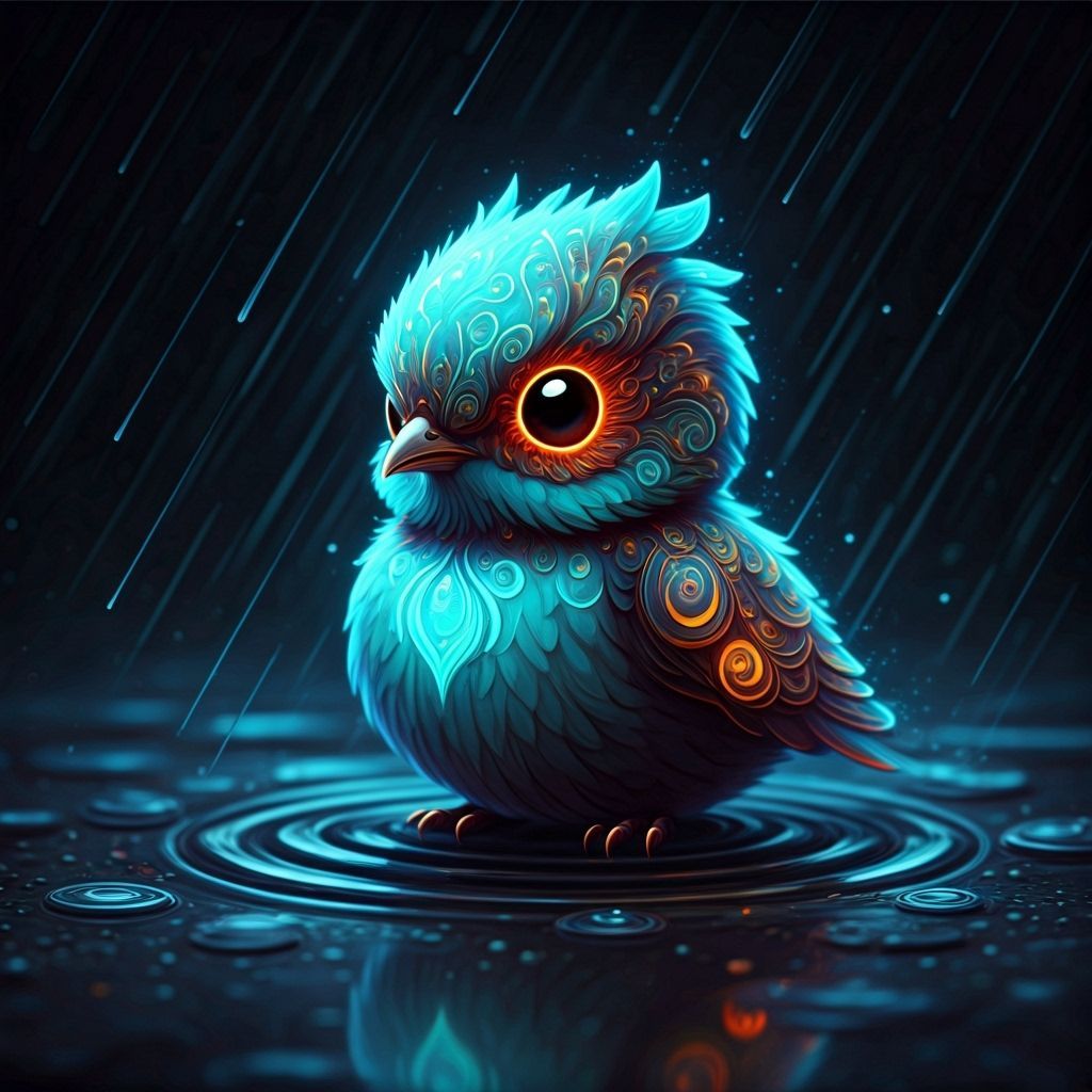 Glowing Bioluminescent Bird in Rain, Fantasy 3D Shading