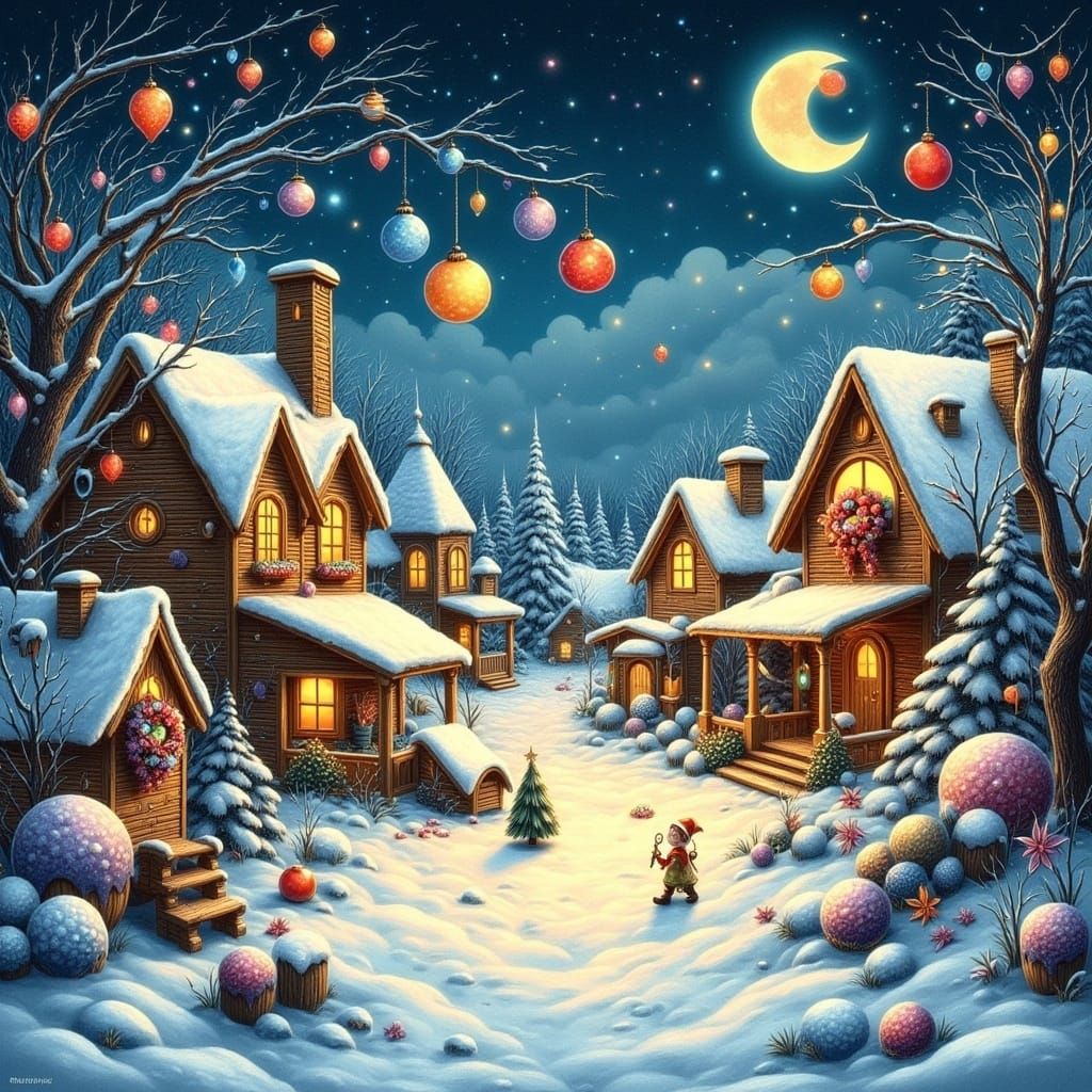 Enchanted Winter Village in Dreamlike Surrealist Style