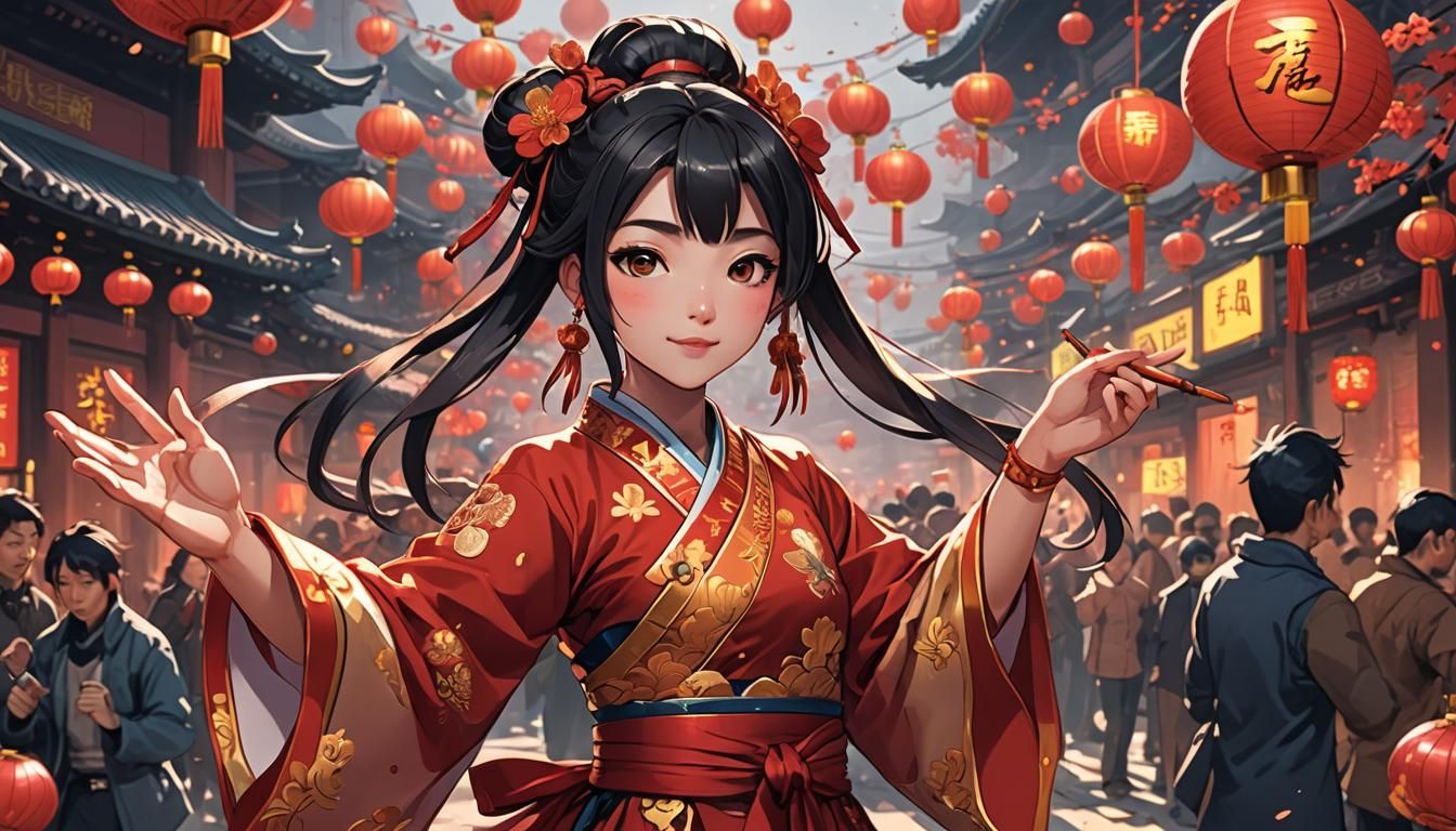 Cyberpunk Chinese New Year Celebration, Anime Style