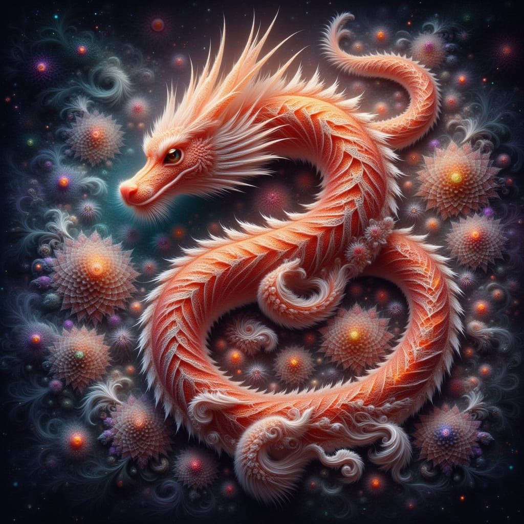 Majestic Red Chinese Dragon in Cosmic Fractal Lace