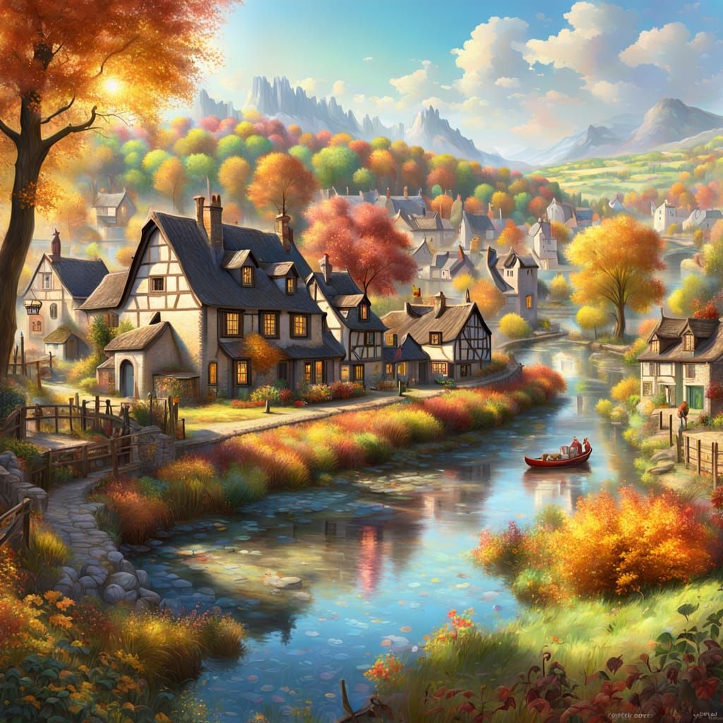 Dream Autumn Village in English Riverscape