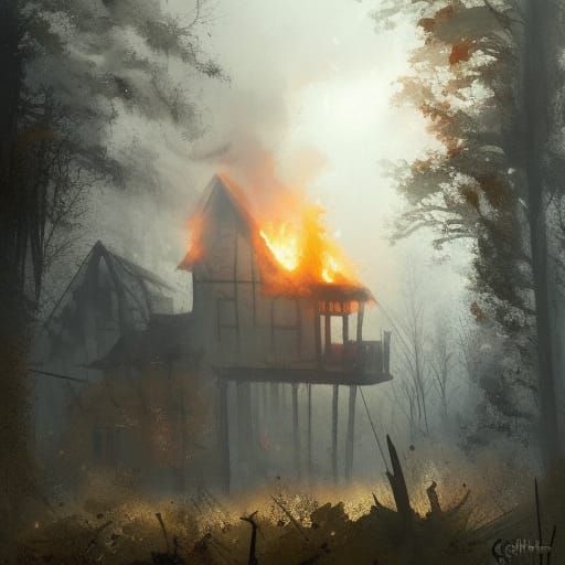 Burning House in Forest, Sinister Fantasy Art