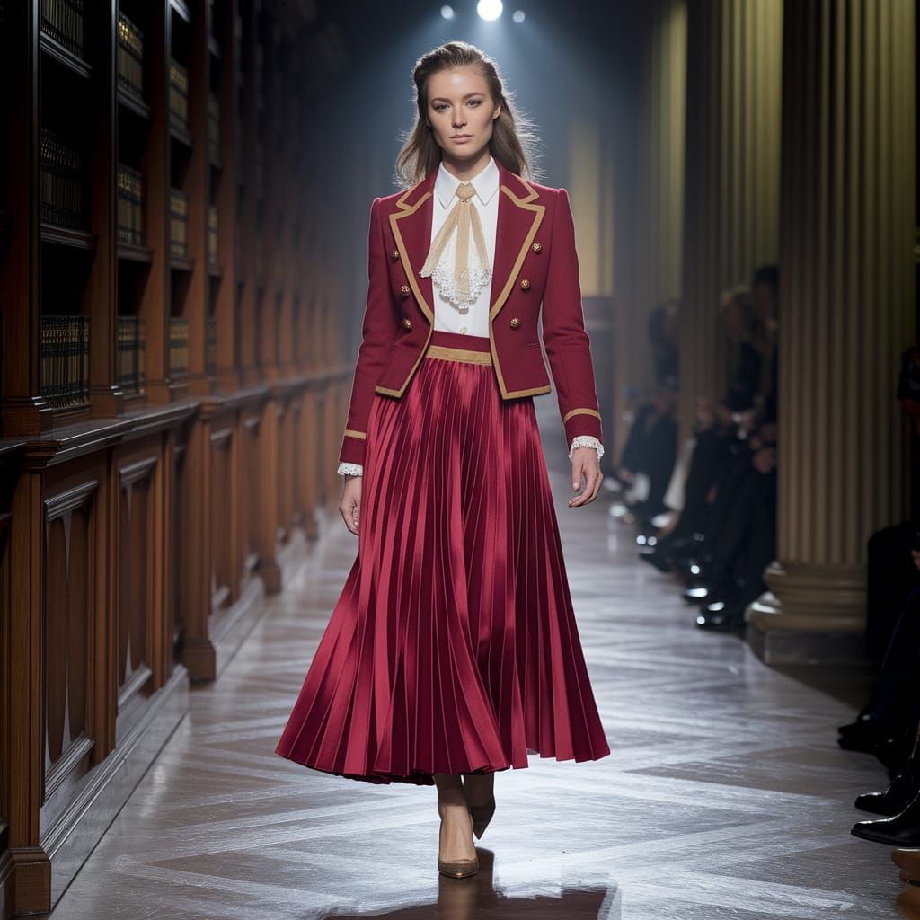 Academia Fashion: Model in Red Blazer & Pleated Skirt