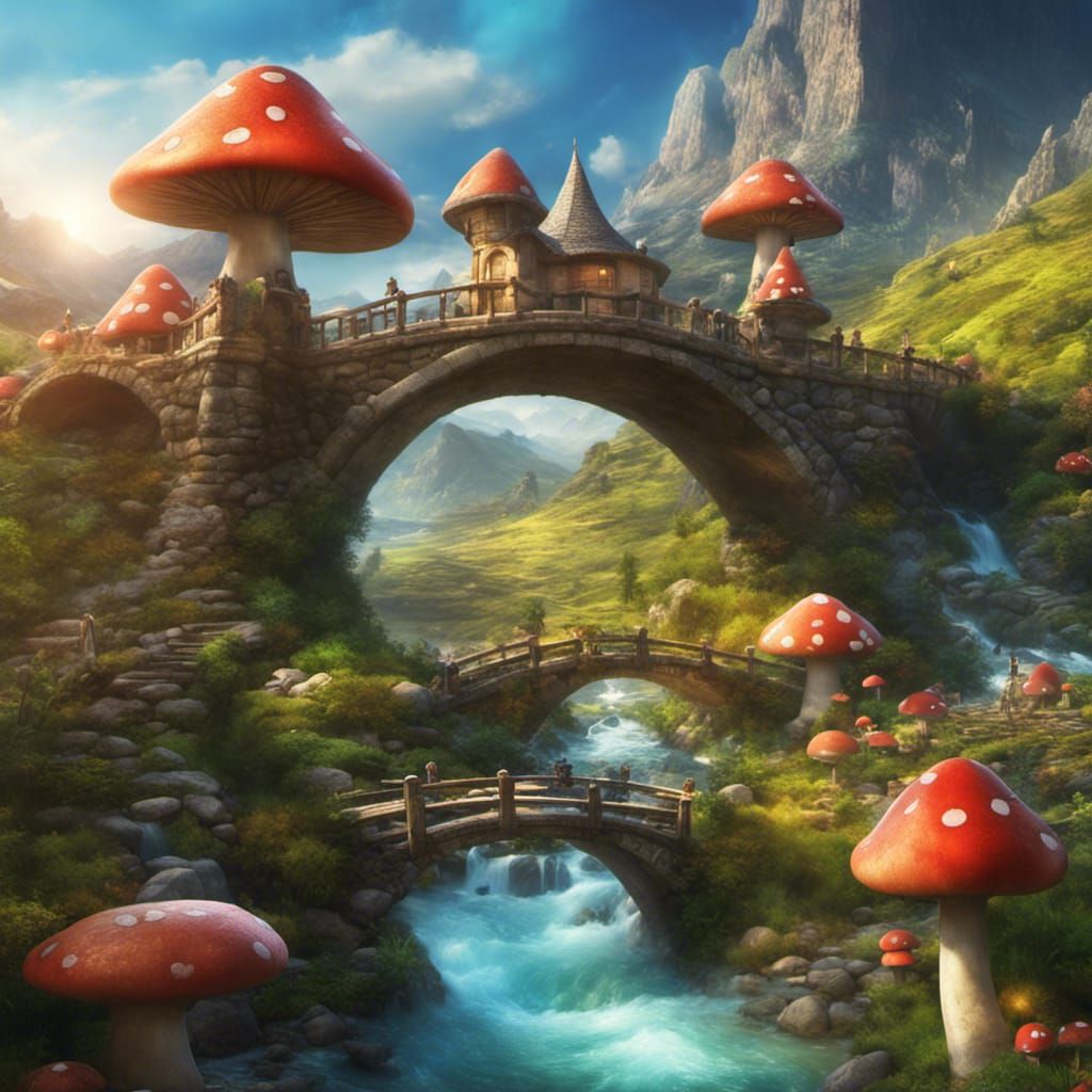 Charming Mushroom Houses on Fantasy Stone Bridge