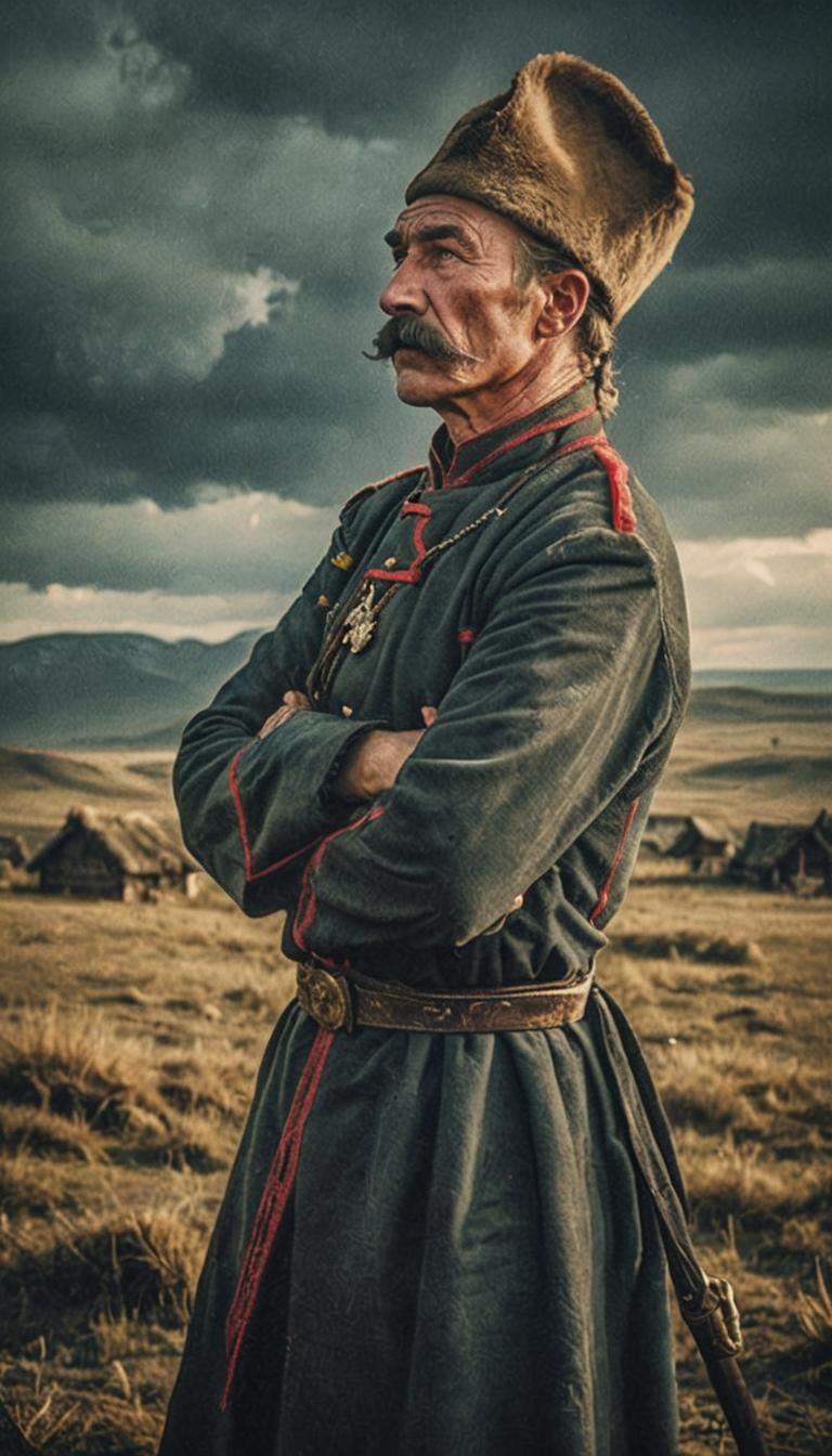 Russian Cossack with moustache folding his arms, Cinematic f...