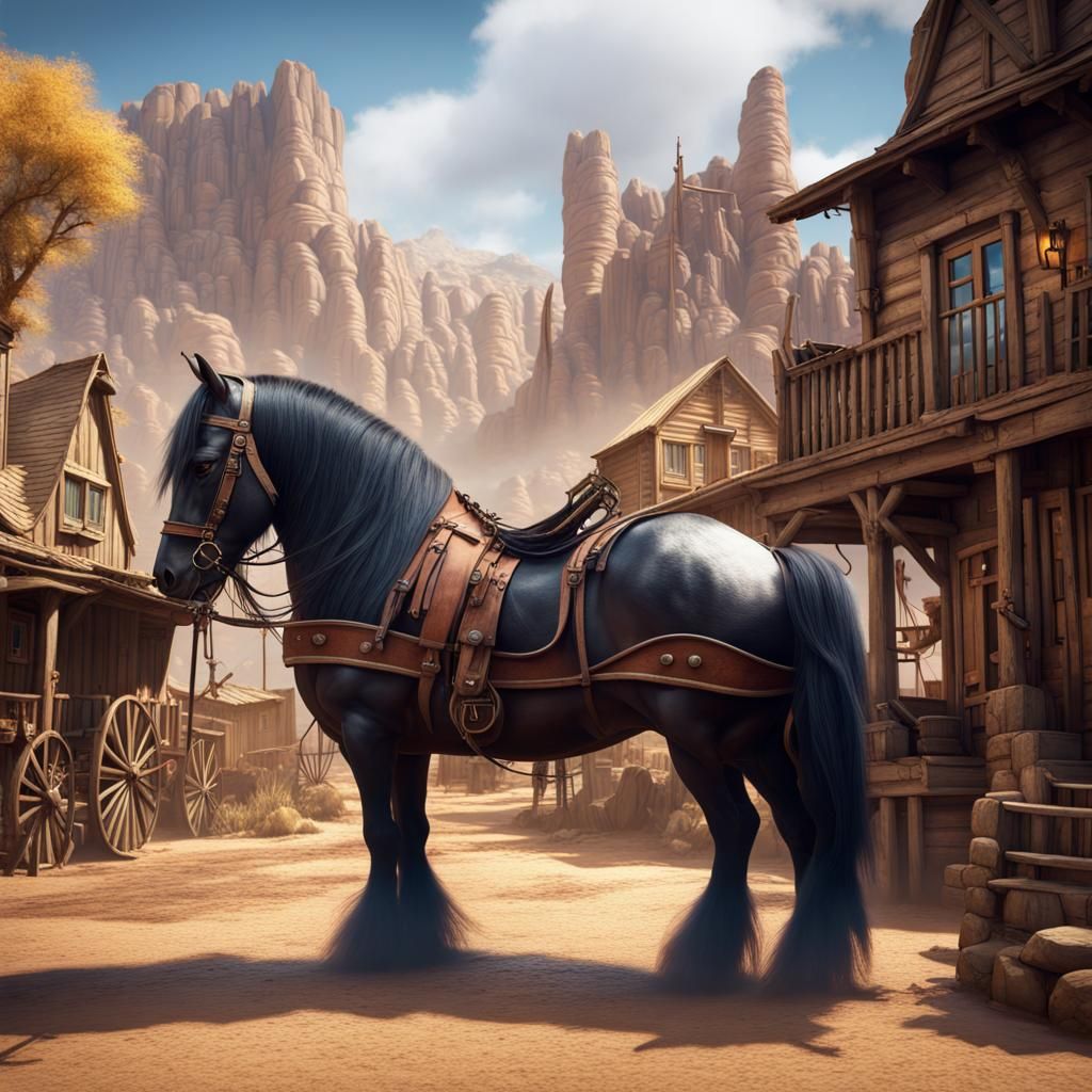 Gigantic Shire Horse in Wild West Town: Detailed Painting