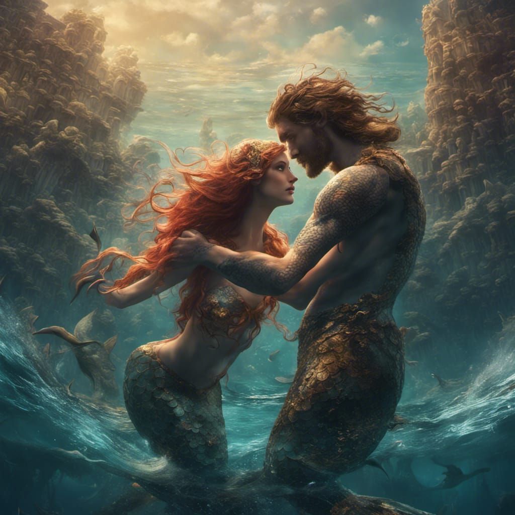 Mermaid and Merman in Mediterranean Sea: Fantasy Art