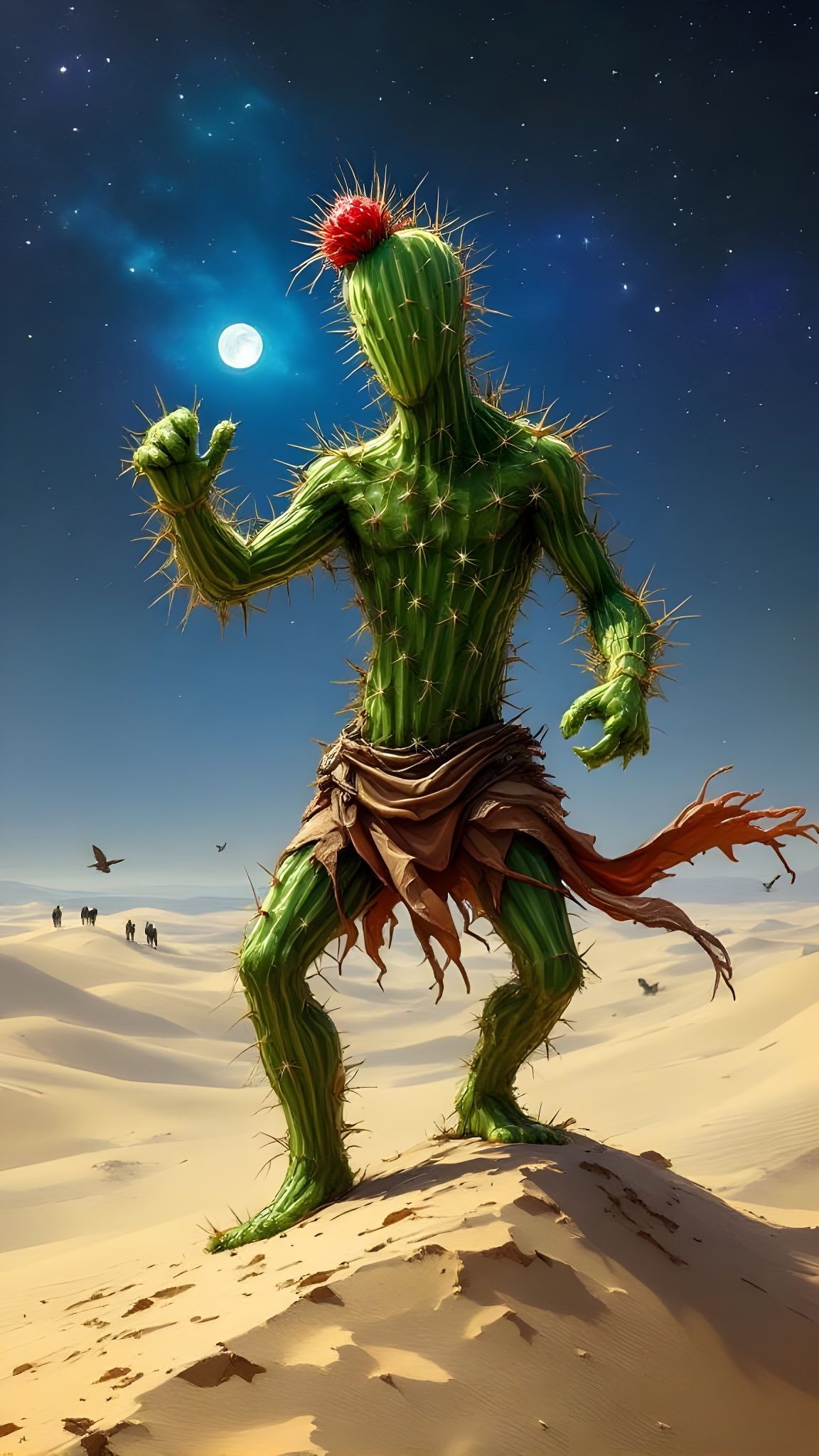 Cactus Humanoid Performing Tribal Dance under Starry Sky