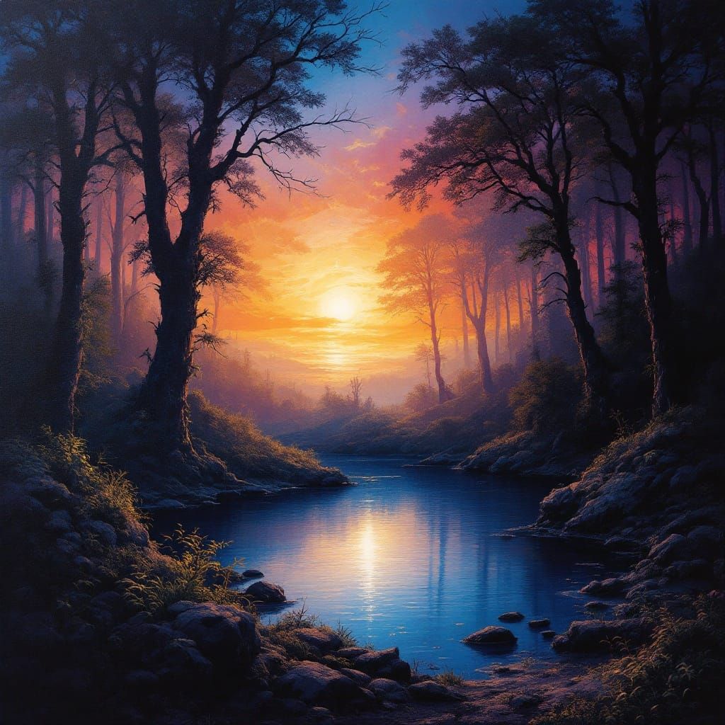 Mystical Lake in Ancient Forest Painting