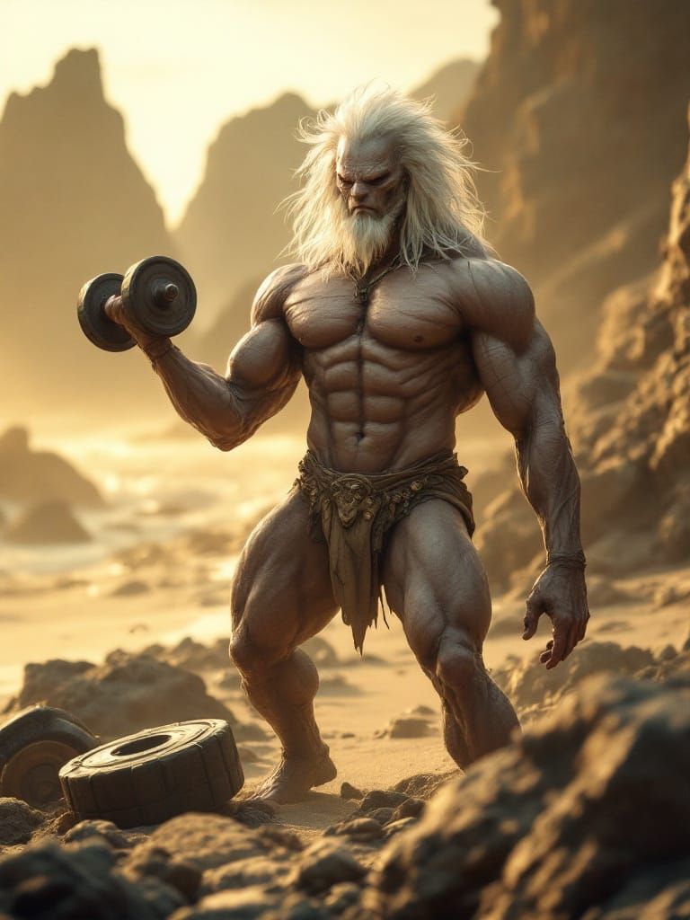 Extraterrestrial Bodybuilder Lifts Weights on Alien Beach