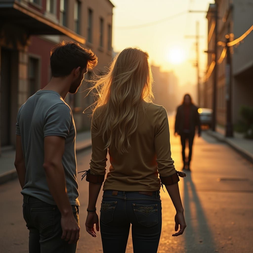 A Woman Watches Over a Man in a Moody City Street Scene