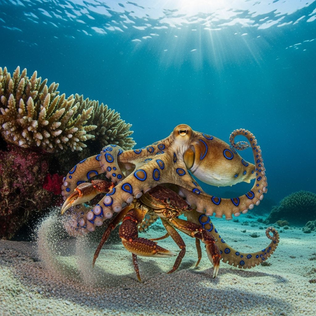 Blue-Ringed Octopus Grasping Crab in Coral Reef