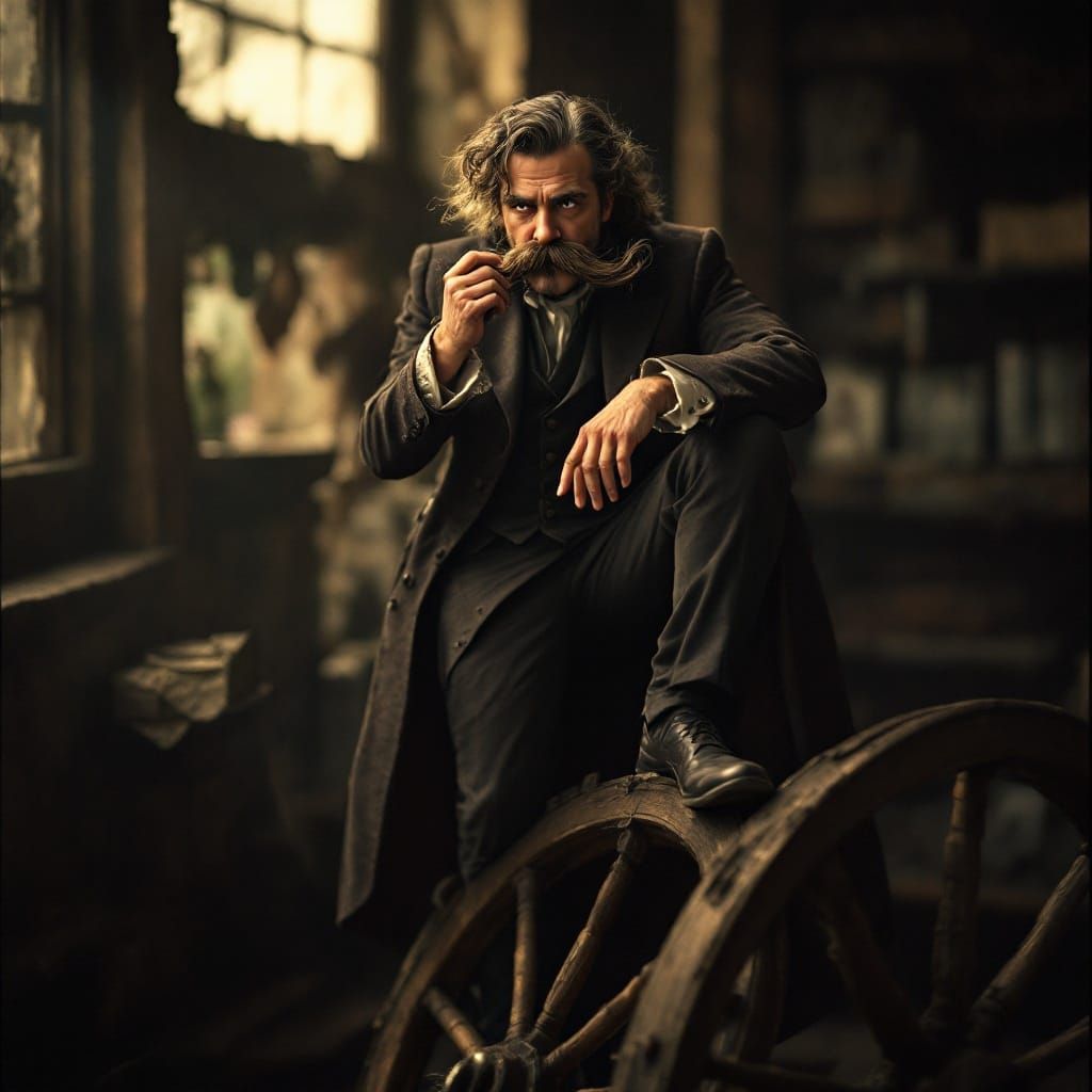 Baron von Winkelberry the 2nd, balancing atop a wheel on one foot, stroking his impressive mustache.