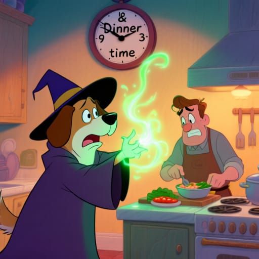 Dog Wizard Casts Dinner Spell in Cartoon Kitchen