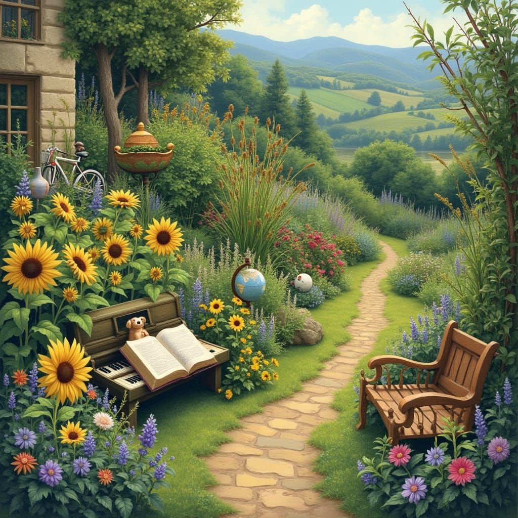 Garden Scene on a Hillside in Impressionist Style