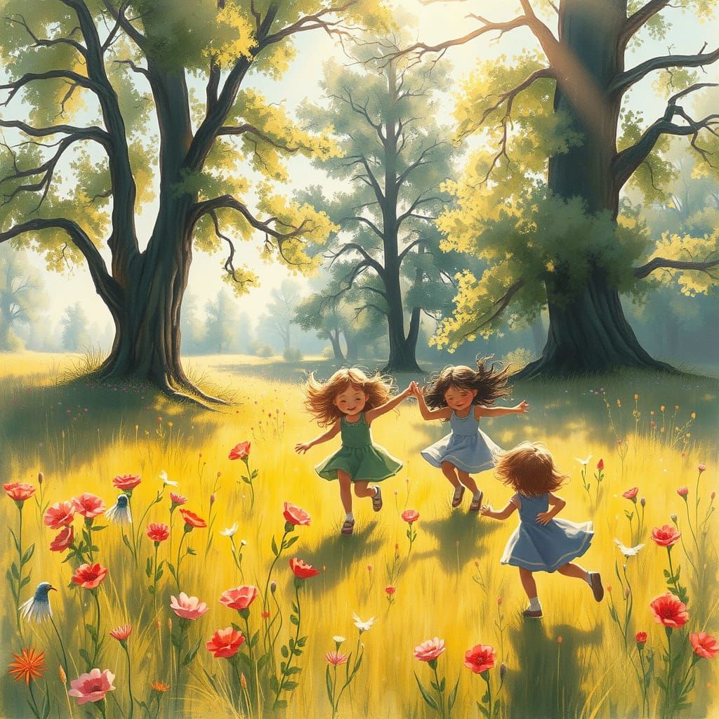 Whimsical Children at Play in a Sun-Drenched Meadow