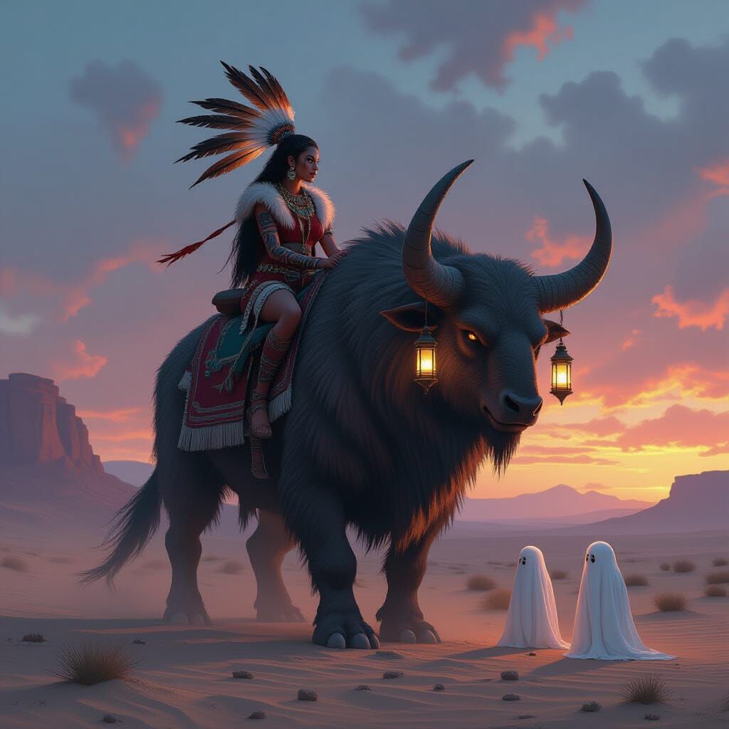Tribal Woman Rides Beast in Desert of Bones