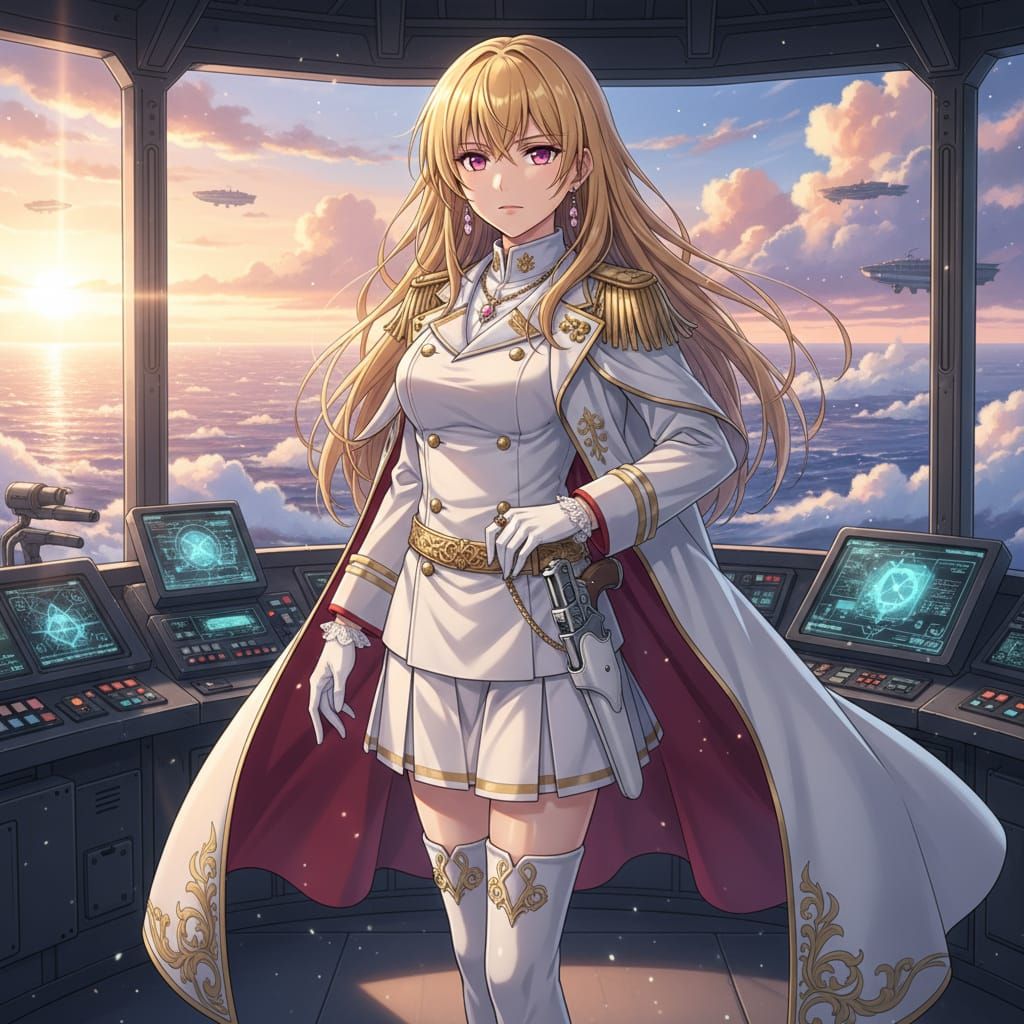 Anime Female Admiral in White Navy Uniform with Pink Eyes