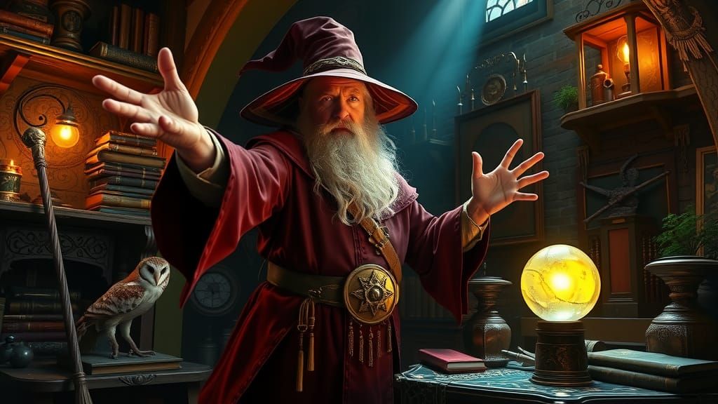 Hyperrealistic Fantasy Wizard Casting Spell in Chamber