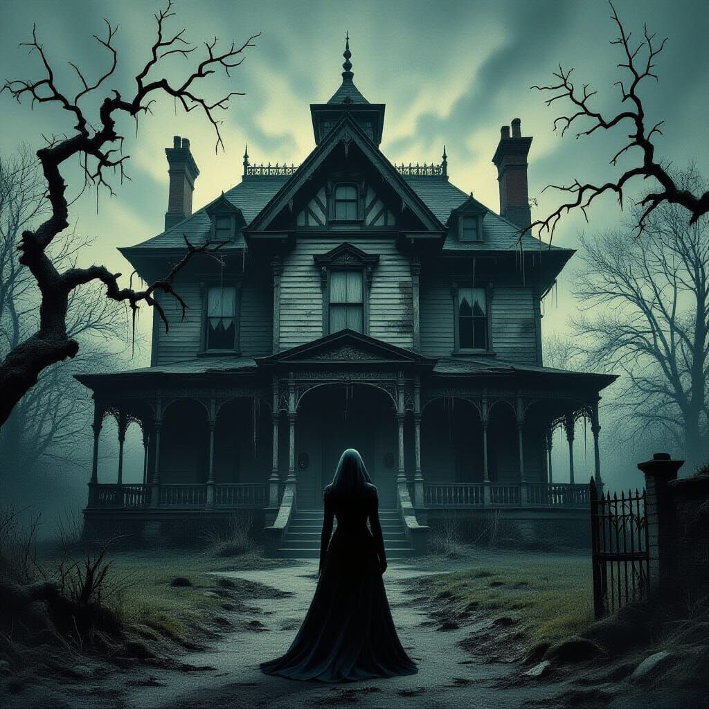 Figure of 'J' Before Gothic Mansion in Twilight