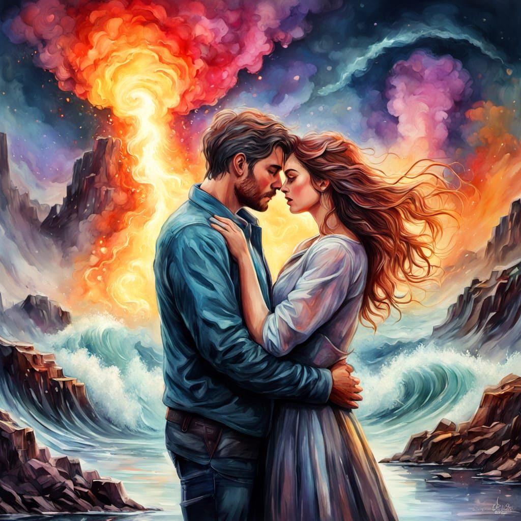 Apocalyptic Love: Couple's Kiss in Vibrant Ruins
