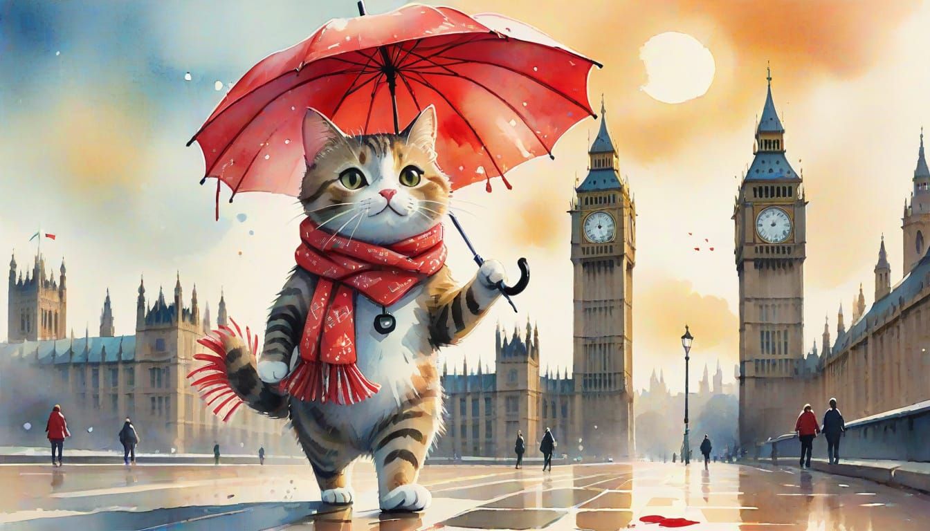 Whimsical Cat Strolls by Big Ben in Watercolor Style