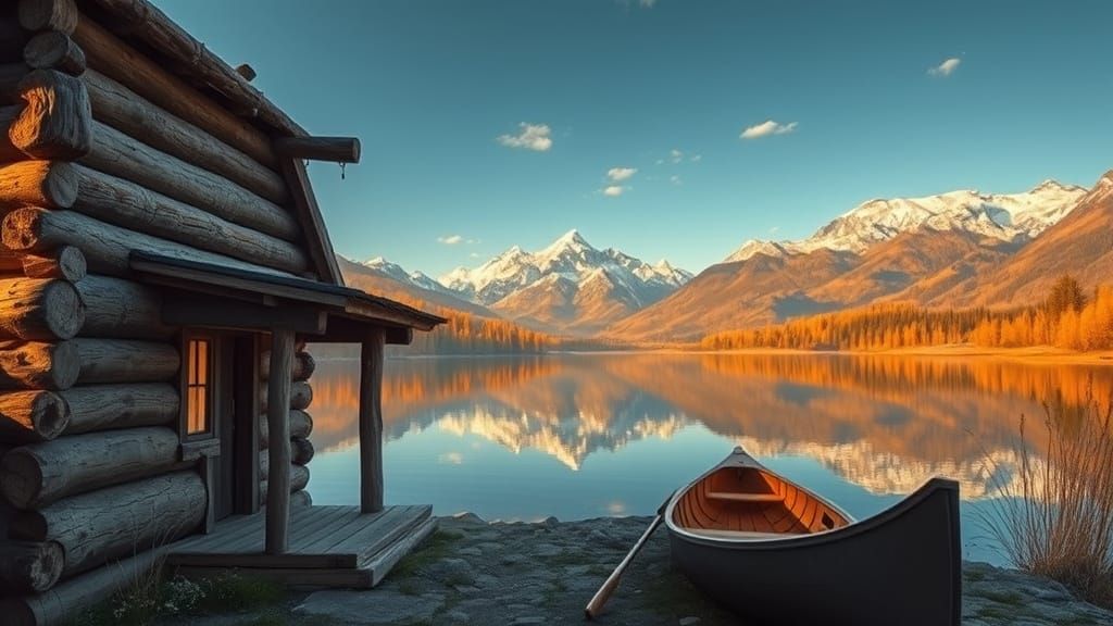 Alpine Cabin at Dawn: Reflective Lake Scene