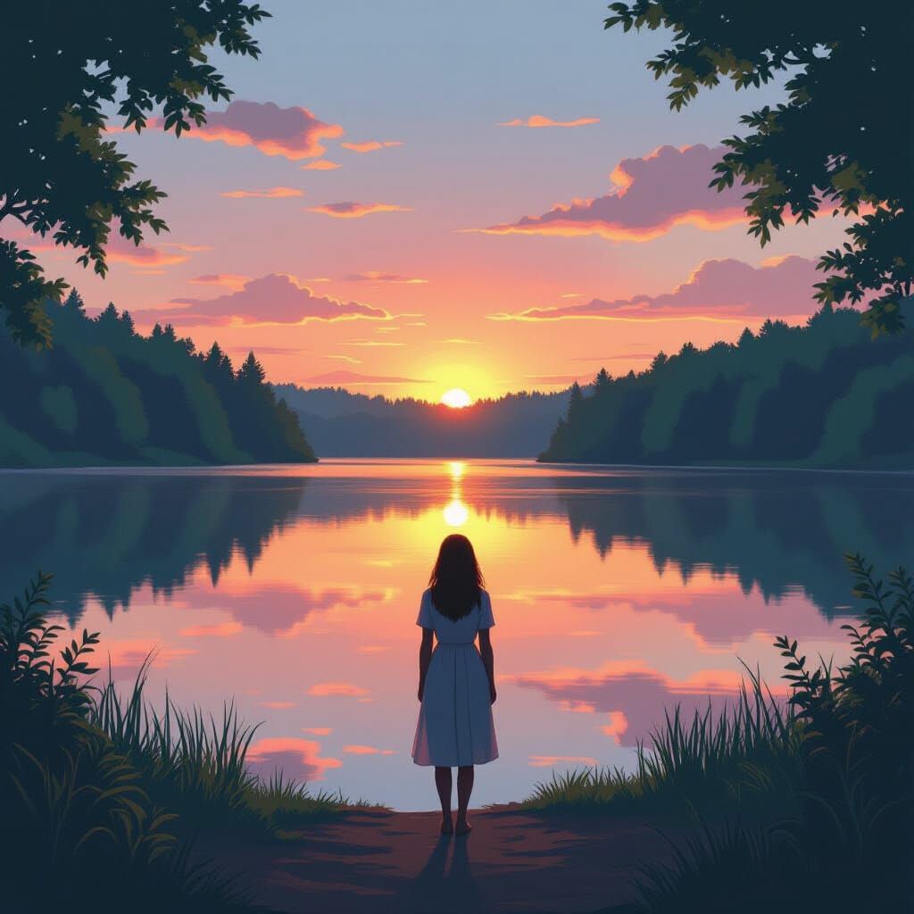 Woman at Glass Lake Sunset, Digital Art