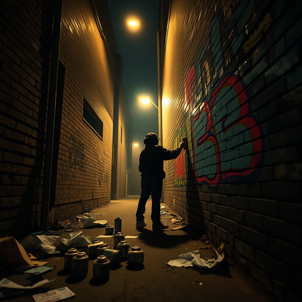 Street Artist Unleashes Vibrant Graffiti Under City Lights