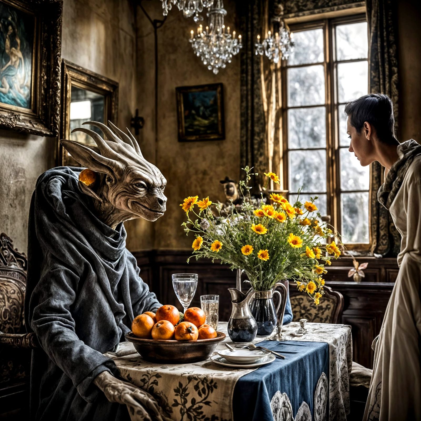 Surreal Alien Restaurant Celebration in Gritty Detail