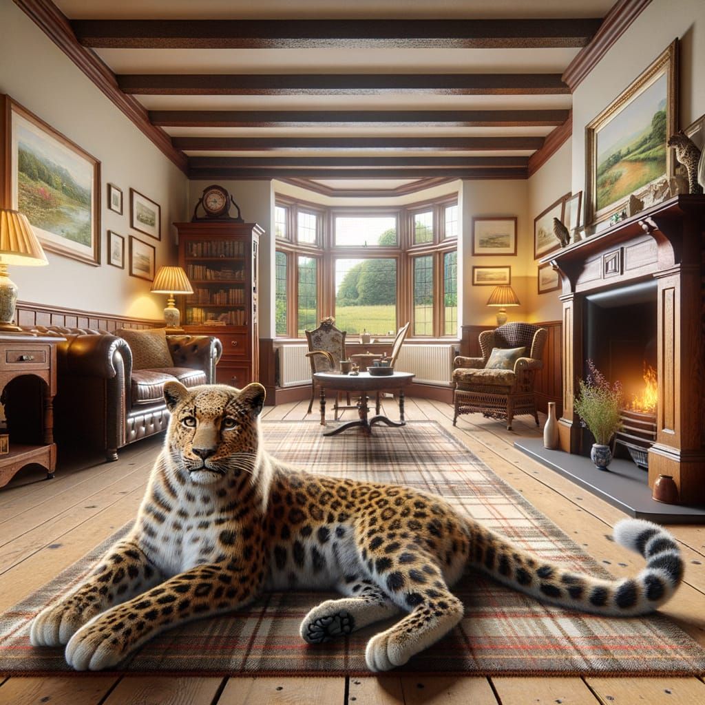 Leopard Relaxing in Cozy English Living Room